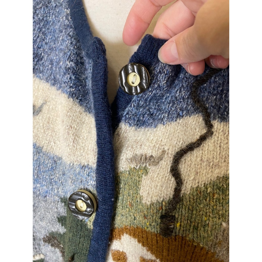 Caribbean Pacific Vintage 80s 90s Scenic Cottagecore Wool Silk Cardigan Blue L - Picture 3 of 8